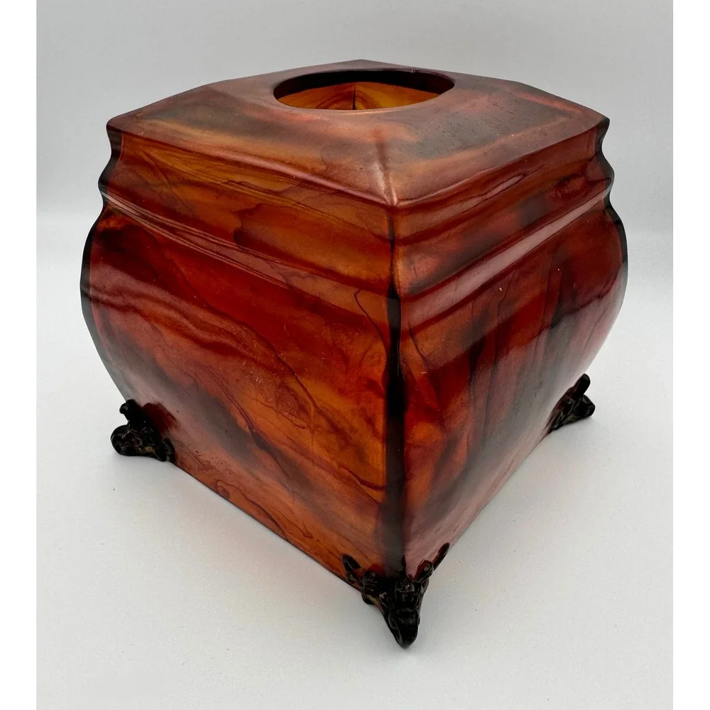 Vintage Faux Tortoiseshell Lucite Acrylic Tissue Box Cover Ornate Resin Feet